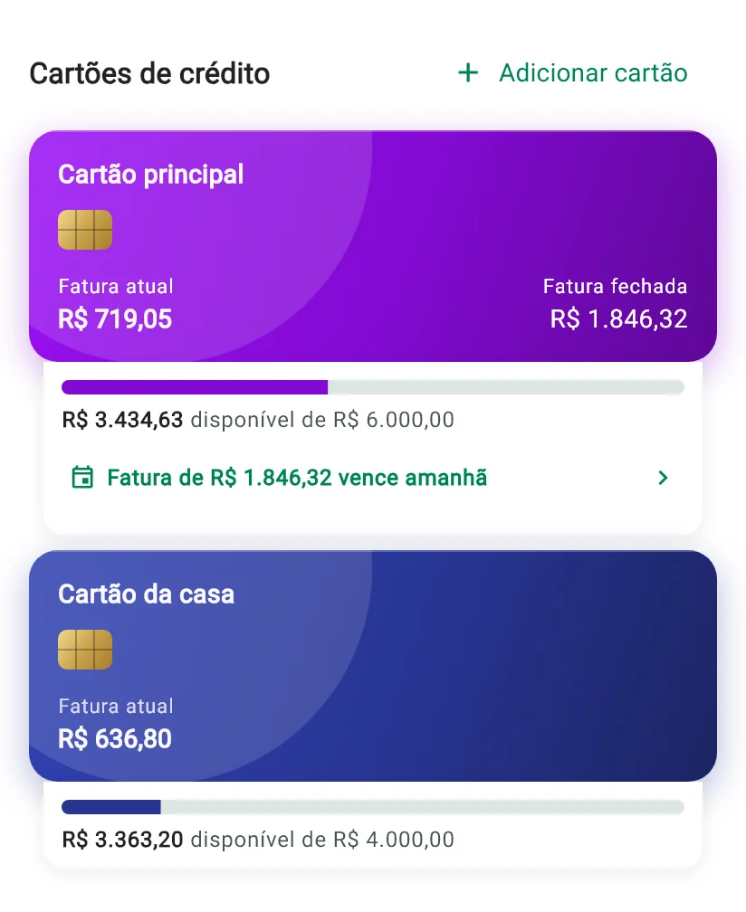 Cartões de crédito na tela inicial do Monely, com fatura atual, fatura fechada e limite disponível