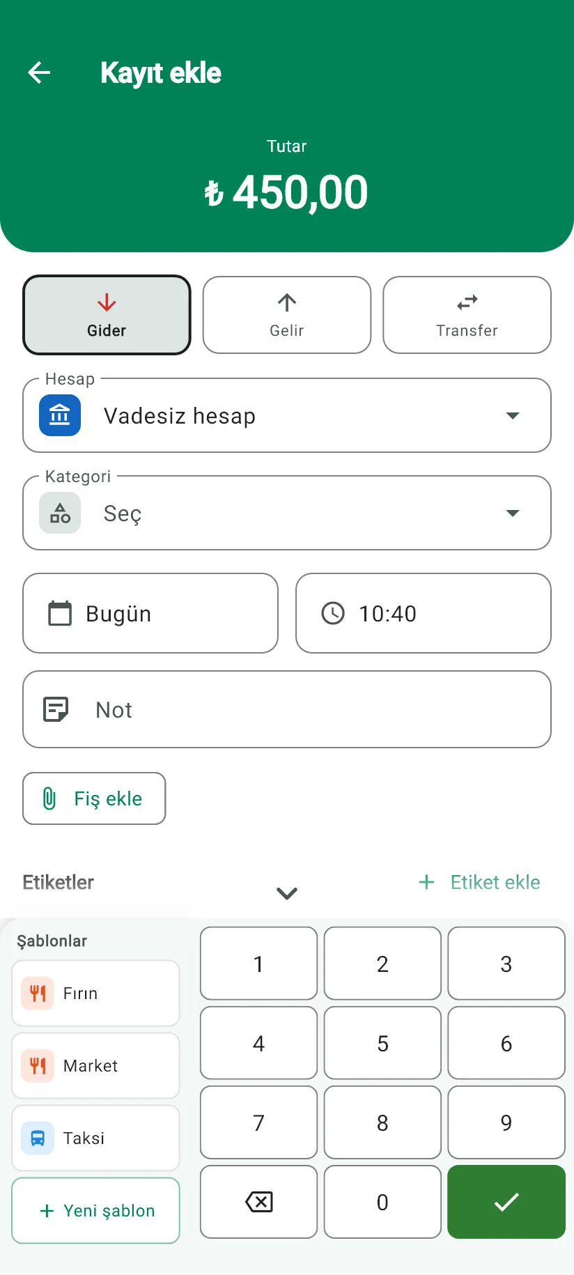Monely kayıt ekranı: girilen tutar, hesap, kategori ve tuş takımı