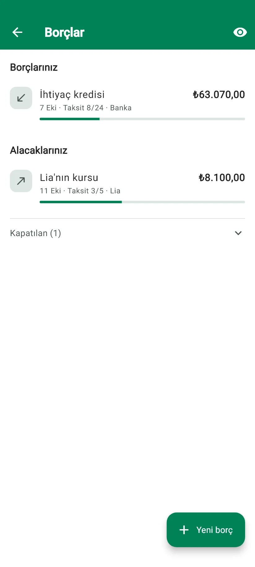 Monely Borçlar ekranı: borçlarınız, alacaklarınız ve ne kadar kaldığı