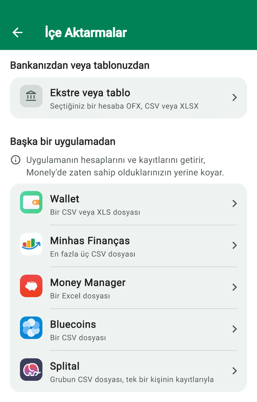 Monely İçe Aktarmalar ekranı: ekstre veya tablo ve doğrudan içe aktarıcısı olan beş uygulama (Wallet, Minhas Finanças, Money Manager, Bluecoins ve Splital)