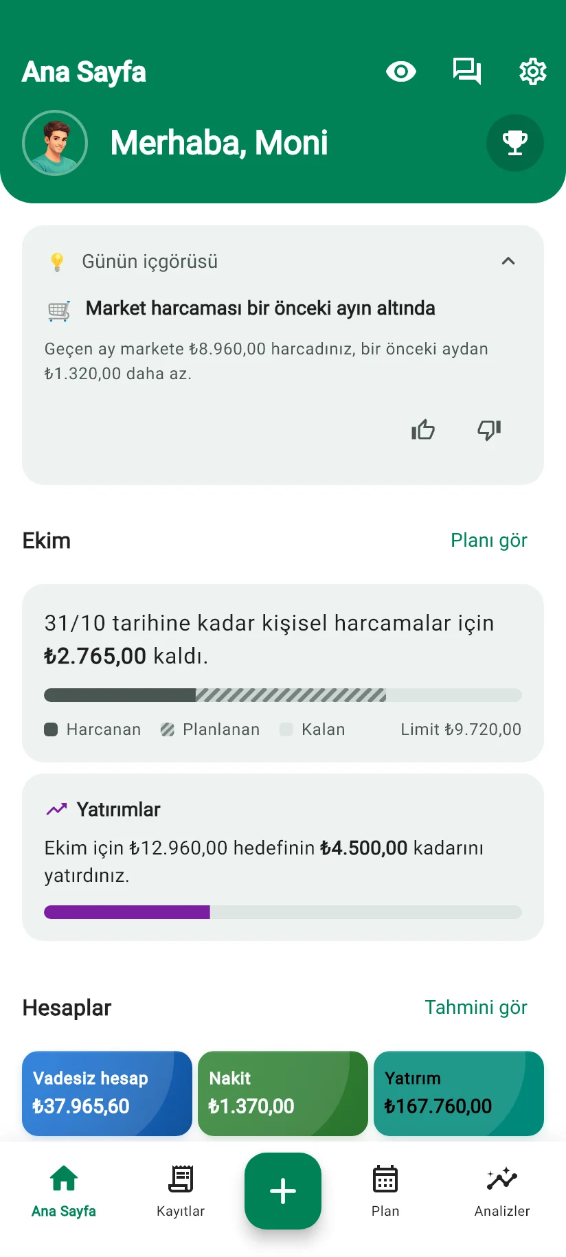 Monely Ana Sayfa ekranı: Günün içgörüsü, ay özeti ve hesaplar