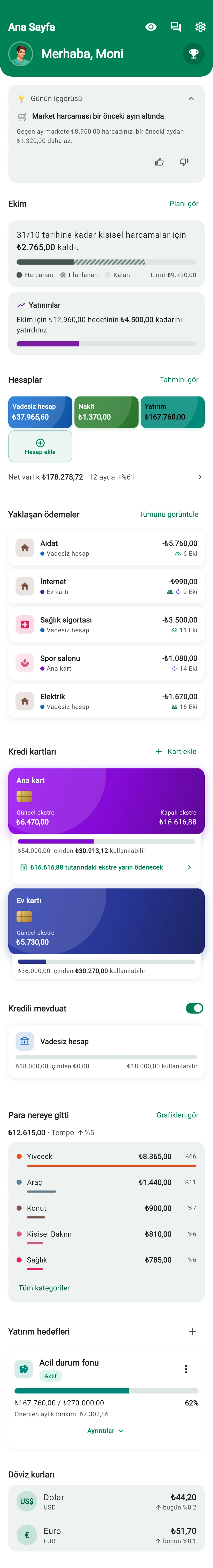 Monely Ana Sayfa ekranı: Günün içgörüsü, ay özeti, hesaplar, yaklaşan ödemeler ve kartlar