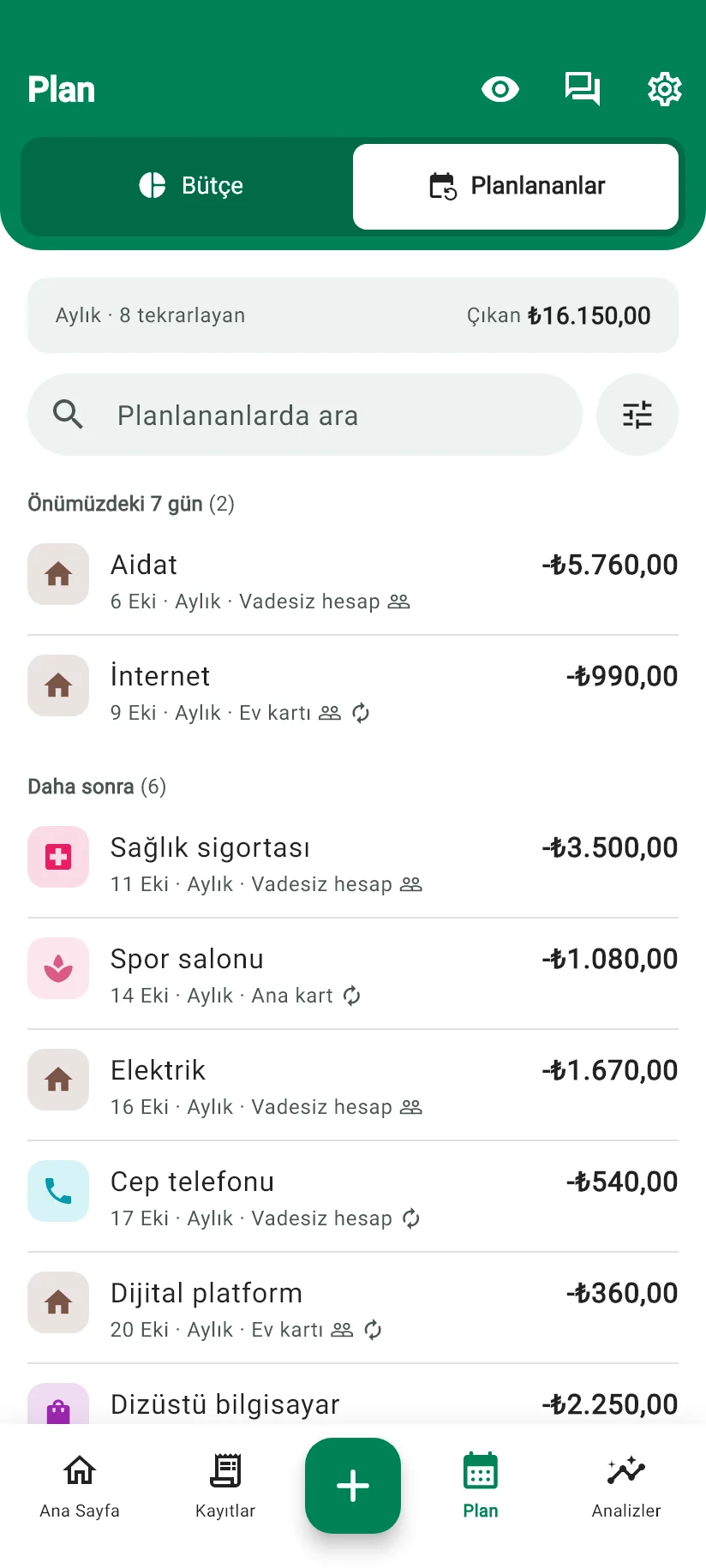 Monely Plan ekranı: ayın planlanan ödemeleri
