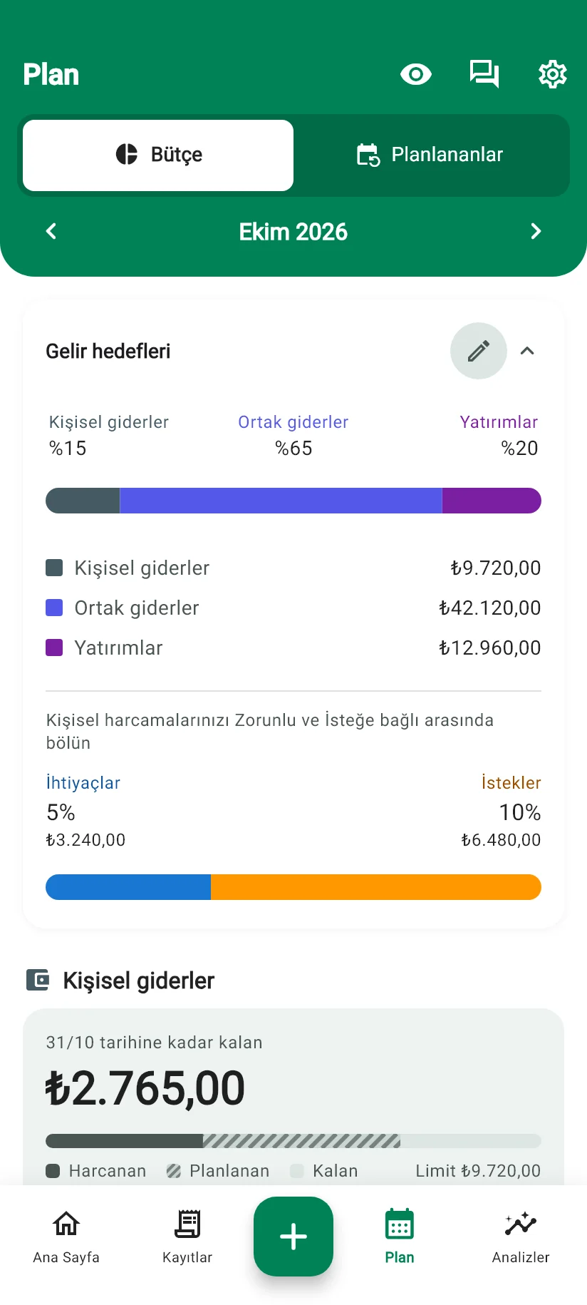 Monely Plan ekranı: gelir hedefleri ve kişisel harcama limiti