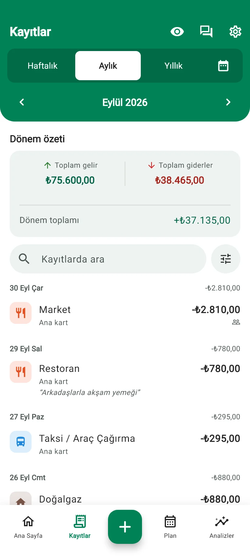 Monely Kayıtlar ekranı: dönem özeti ve güne göre kayıt listesi